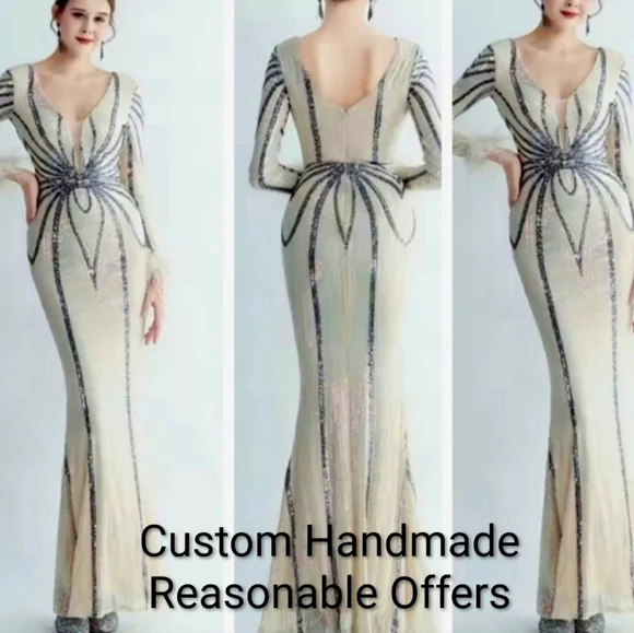 Gray and Cream Backless Embellished Gown with Bishop Sleeves - Picture 11 of 14